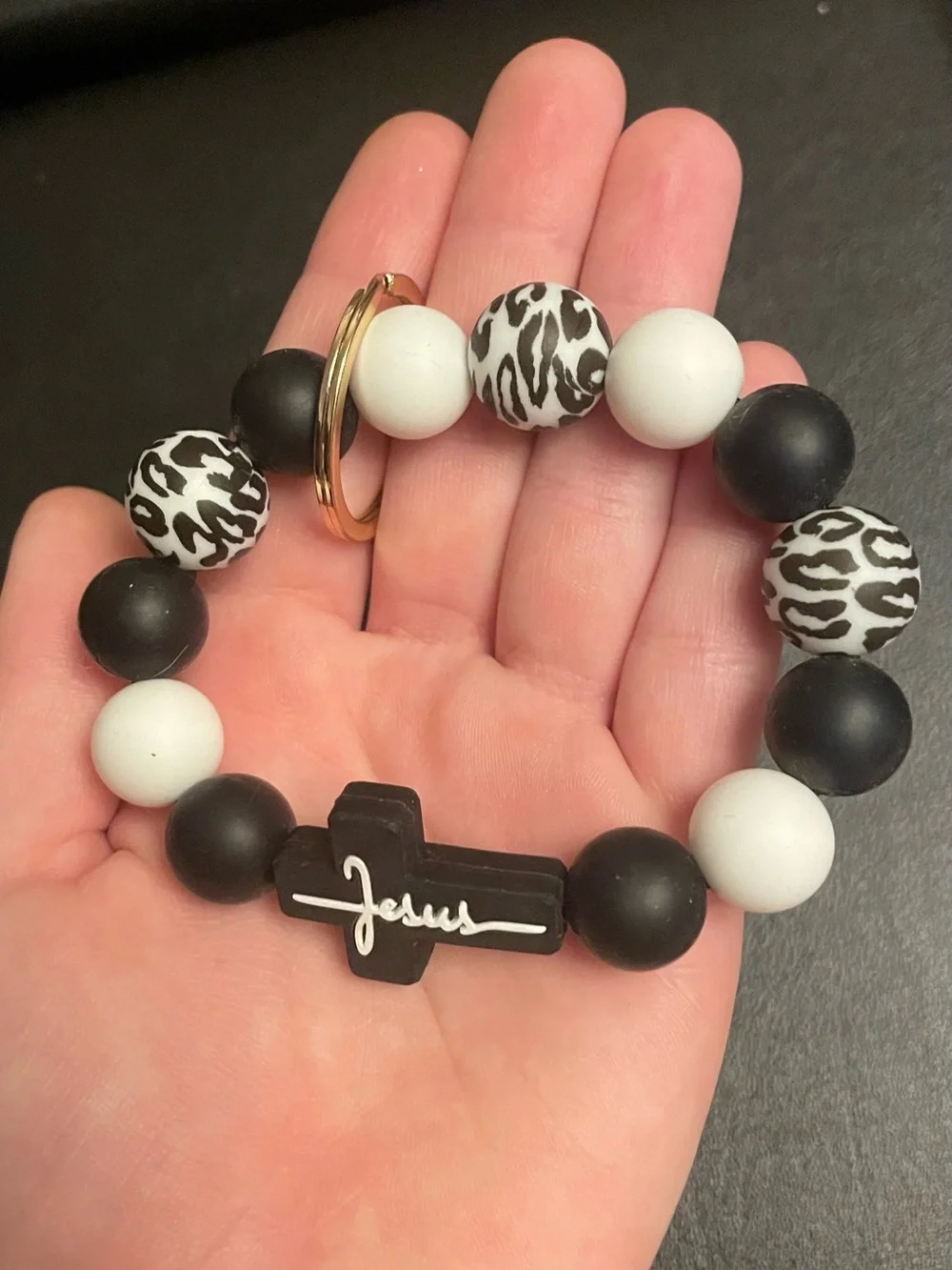 Black & White Beaded Cross Keychain Wristlet